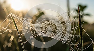 A spider web glistens with dew