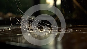Spider web glistens with dew drops in wet autumn forest generated by AI