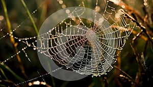 Spider web glistens with dew drops on wet autumn leaf generated by AI