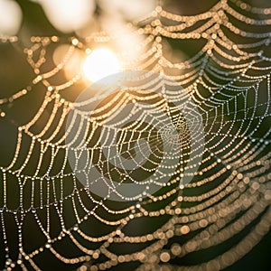 A spider web glistens in the sunlight, with dew drops capturing the light, creating a sparkling