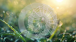 Spider web glistens with water droplets, reflecting the light