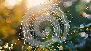 A spider web glistens with water droplets, reflecting the light