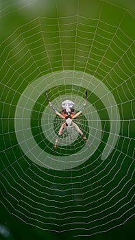 Spider web on green background captures high quality image