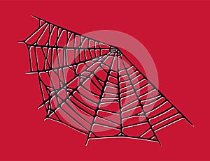 Spider web isolated on red background. Spooky Halloween cobwebs with red threads. Vector illustration