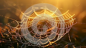 Spider web with a lot of raindrops on it. The web is orange and yellow