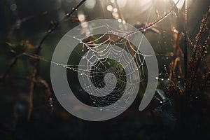 a spider web in the middle of a forest with dew on it