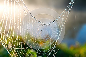 A spider web in the morning with the sun rays