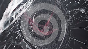 A spider web with a red and white spider in the center