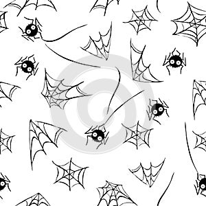 Spider web seamless hand drawn pattern. White black orange background. Halloween texture