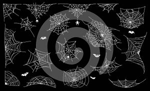 Spider web set on dark background. Cobweb elements design. Vector illustration