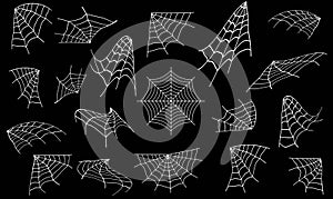 Spider web set. Halloween hand drawn cobweb collection.Spiderweb icon.Isolated on black background
