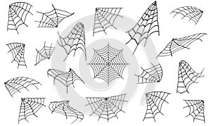 Spider web set. Halloween hand drawn cobweb collection.Spiderweb icon