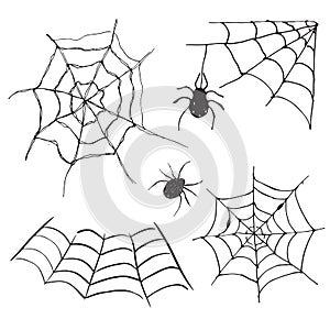 Spider web set Hand drawn sketched web vector illustration isolated on white background