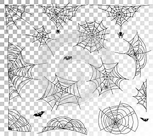 Spider web set on transparent background. Cobweb elements design