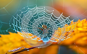 Spider on the web. Spider web with dew drops on colorful foliage
