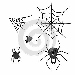 Spider web and spiders set of elements in hand drawn style. vector graphic simple doodle liner style