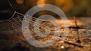 Spider web traps dew drops in autumn forest generated by AI