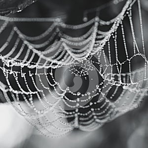 Spider web with water drops. Nature concept background. Selective focus. Black and white