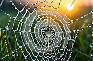 Spider web wet in rain close up shot in nature photo