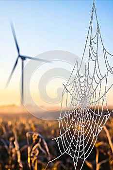 A spider web with a wind turbine in the background