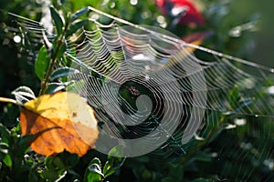 Spider webs in early morning in autumn time, spider webs on bushes and colored leaves on it