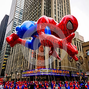 Spiderman balloon floats in the air during the annual Macy`s Thanksgiving Day parade along Avenue of Americas