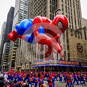 Spiderman balloon floats in the air during the annual Macy`s Thanksgiving Day parade along Avenue of Americas