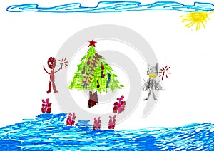 Spiderman and Batman near the christmas tree with presents, child drawing