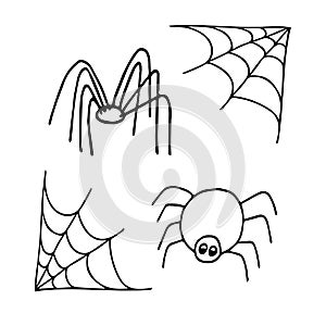 Spiders and cobwebs hand drawn in doodle style. scandinavian monochrome minimalism. Set of elements for design. insects, halloween