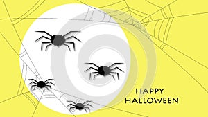 Spiders hanging on cobweb yellow background