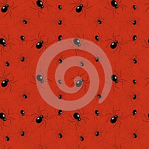 Spiders with a web on a red background. Seamless