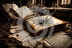 A spiderweb-covered, ancient book opened to a page of sinister incantations in an abandoned library