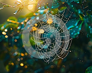 A spiderweb glistening with morning dew, each droplet representing a node, and the strands, the connections between them ,