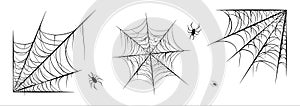 Spiderweb set, isolated on black transparent background. Cobweb for halloween, spooky, scary, horror decor with spiders.