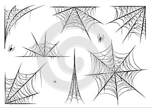 Spiderweb set, isolated on black transparent background. Cobweb for halloween, spooky, scary, horror decor with spiders