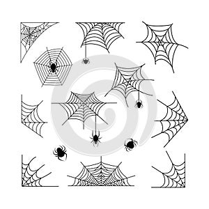 Spiderweb with spiders insect set vector illustration isolated on white background.