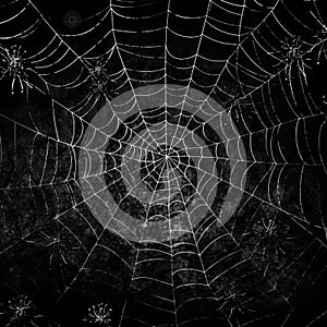 Spiderweb with spiders isolated on black grunge background