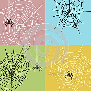 Spiderweb with spiders set. Colorful backgrounds. Shape of insects. Halloween party design elements.