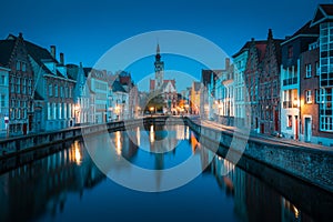 Spiegelrei canal at night, Brugge, Flanders, Belgium