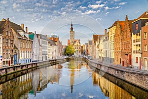 Spiegelrei canal at sunrise, Brugge, Flanders, Belgium