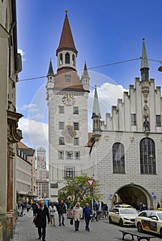 Spielzeug museum and clock tower in central Munich, Germany
