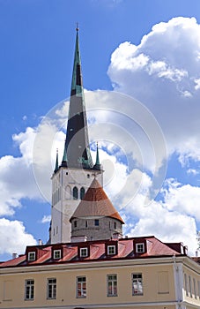 Spike of St Olaf Oleviste Church and fortification tower. Tallinn, Estonia