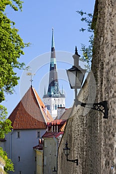 Spike of St Olaf (Oleviste) Church and fortification tower. Tallinn, Estonia