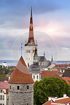 Spike of St Olaf Oleviste Church and fortification tower. Tallinn, Estonia