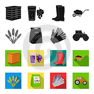 Spikelets of wheat, a packet of seeds, a tractor, gloves.Farm set collection icons in black,flet style vector symbol