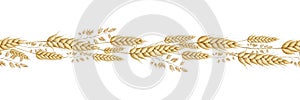Spikelets of wheat, rye, grains seamless border. Hand drawn watercolor illustration of ripe cereals. Endless banner for