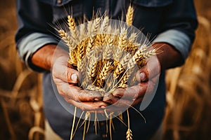 Spikes of mature wheat in the hands of a farmer. Harvest