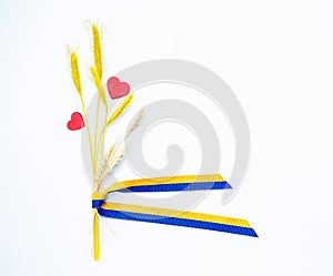 Spikilets ears of wheat and two red hearts with yellow-blue ribbon yellow and blue are colors of national flag of Ukraine.