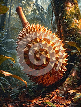 Spiky durian, formidable husk amidst a dense tropical backdrop, a pungent treasure, Ai Generated