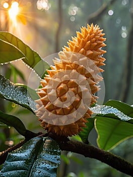 Spiky durian, formidable husk amidst a dense tropical backdrop, a pungent treasure, Ai Generated